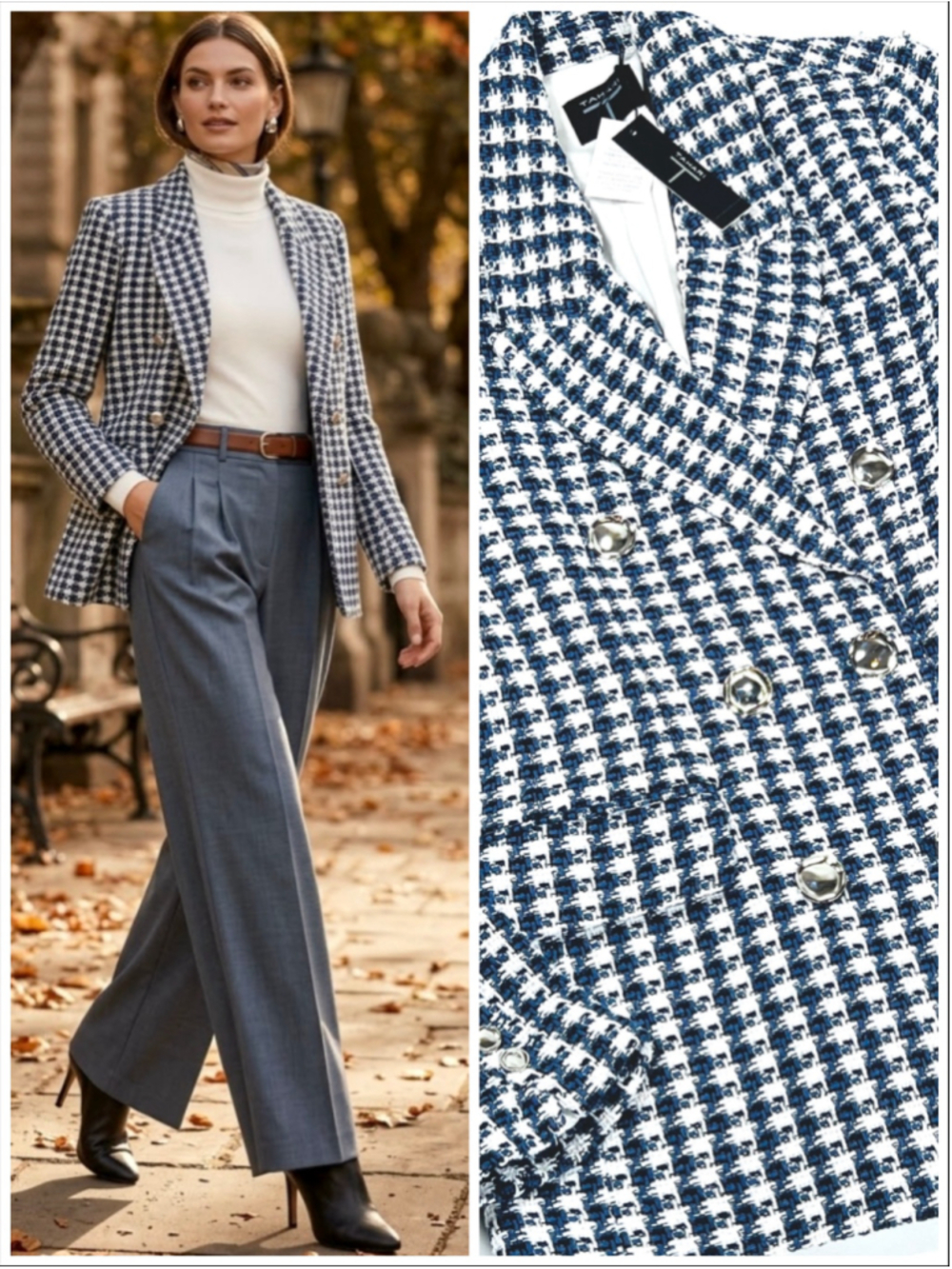 NWT Tahari Houndstooth Double-Breasted Blazer Size 4 Blue White